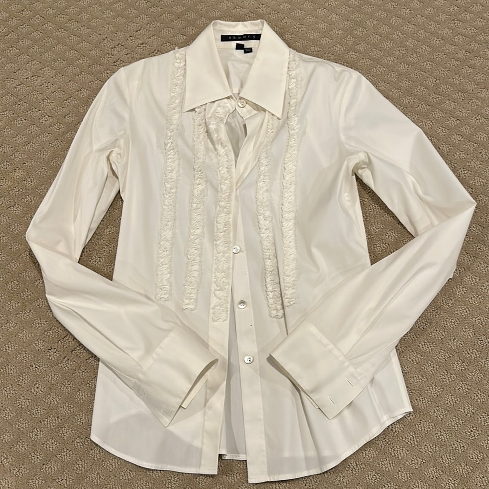 Theory Button Down Stretch Blouse With Ruffle Det… - image 1